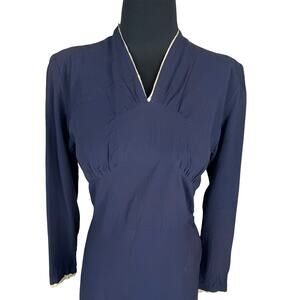 Vintage 1940s Navy Rayon Crepe Dress – Serval Zipper – 1930s Noir Style – Size M